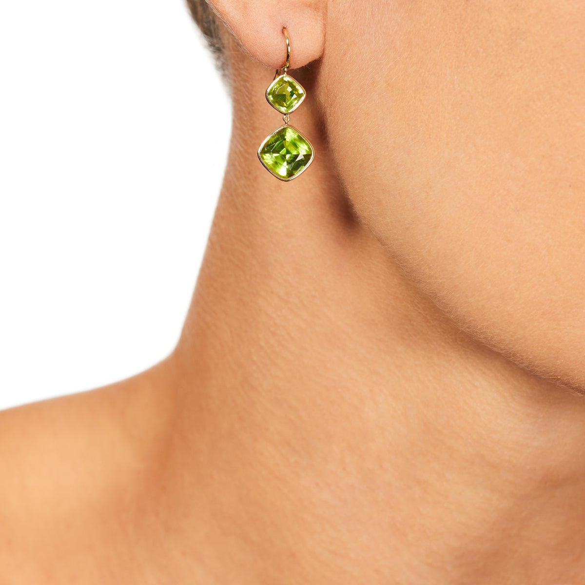 The Anderson Earrings (Cushion Cut Peridot Double Drop Earrings in Sol